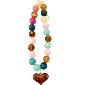Pink Ella Chunky Beaded Necklace with Heart Charm