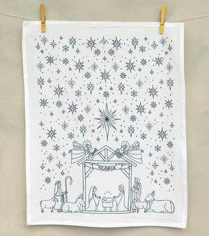 Nativity scene with angels and stars on a white background