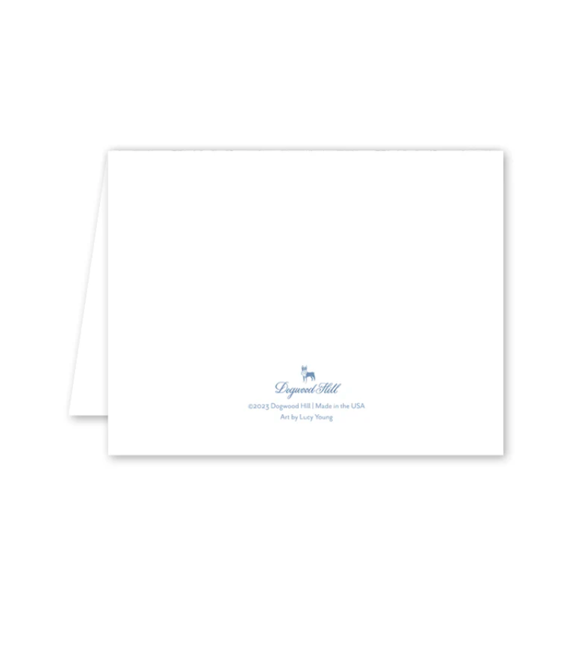 White card with blue text and logo on a white background