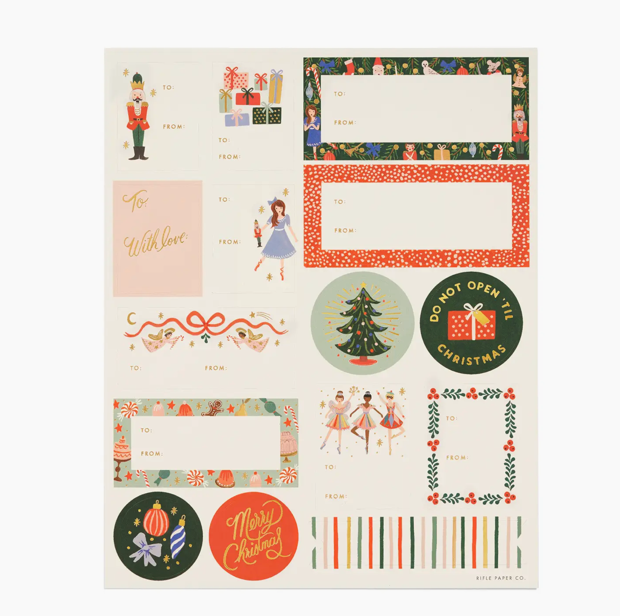 Collection of Christmas-themed adhesive labels including cards and labels on a white background.