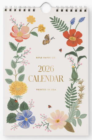 2026 calendar with floral designs and 'Rifle Paper Co.' branding on a white background