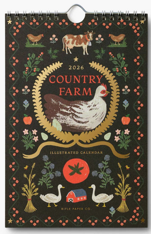 2026 Country Farm illustrated calendar with animals and nature elements on a dark background.