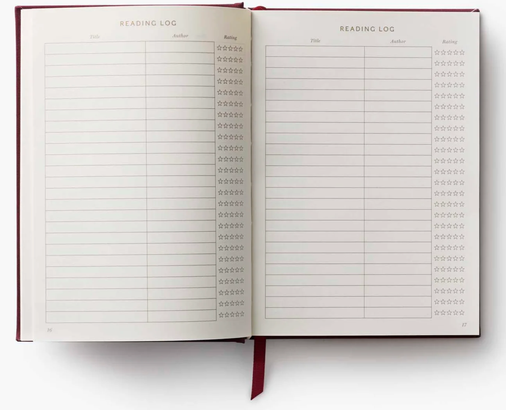 Open book showing a reading log on a white background