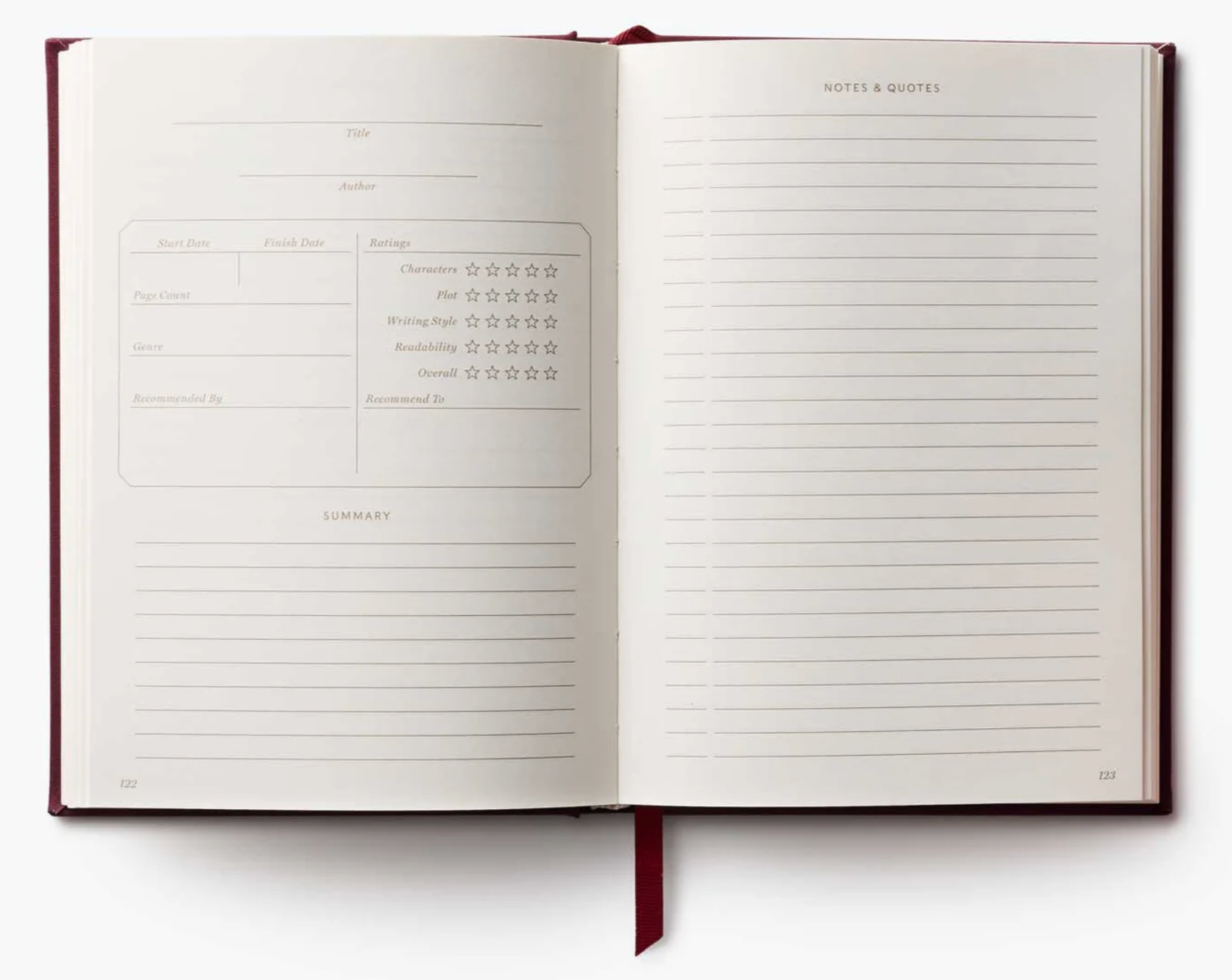 Open notebook with lined pages on a white background