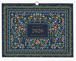 2026 appointment calendar with floral design on a dark blue background