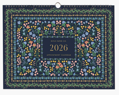 2026 appointment calendar with floral design on a dark blue background