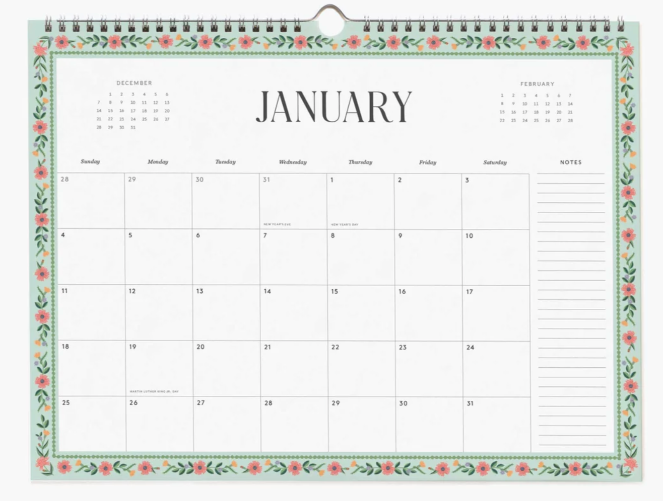 Calendar with floral border showing January on a white background