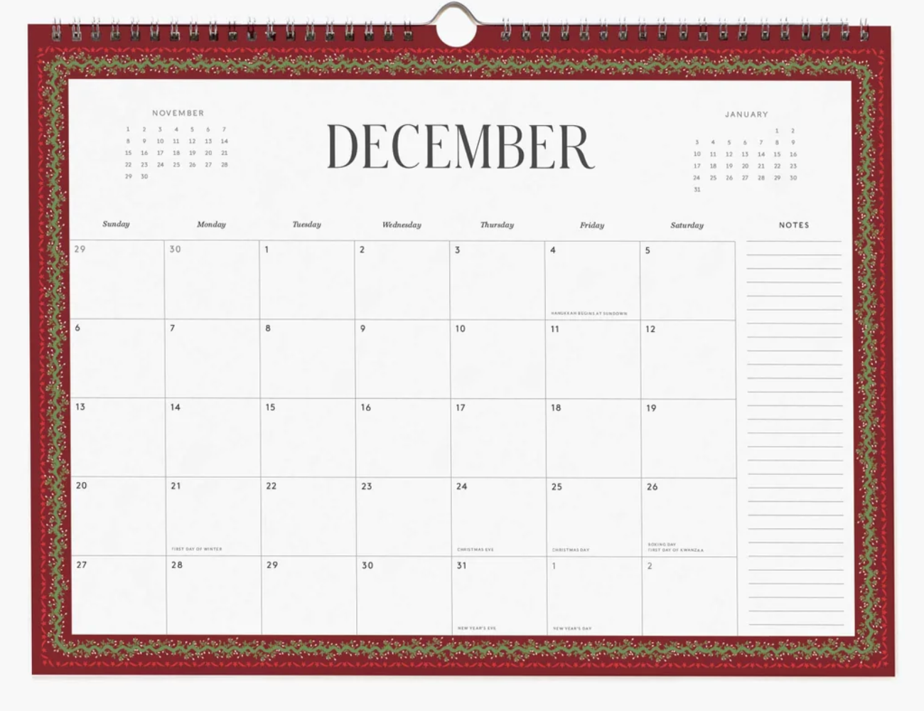 Calendar for December with decorative border on a white background
