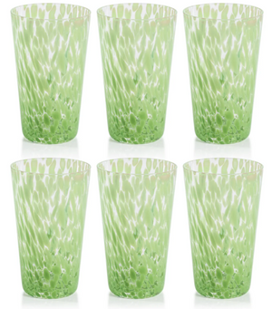 Set of six green patterned tumblers on a white background