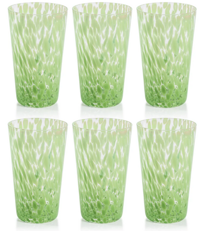 Set of six green patterned tumblers on a white background