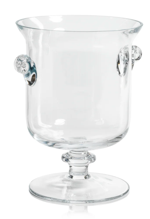Clear glass ice bucket with handles on a white background