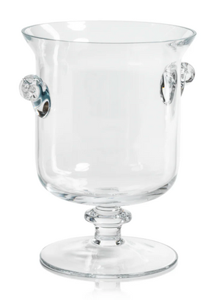 Clear glass ice bucket with handles on a white background