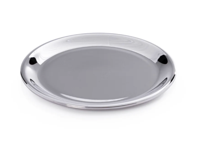 Silver oval wine bottle coaster on a white background