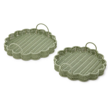 Weather Wicker Scalloped Edge Green Round Serving Tray - s/2