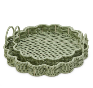 Weather Wicker Scalloped Edge Green Round Serving Tray - s/2