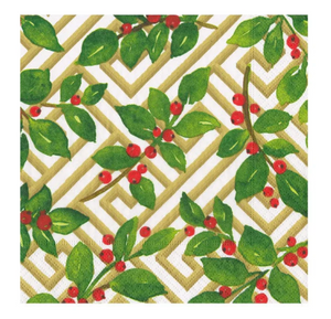 Holly and Fretwork White Cocktail Napkins