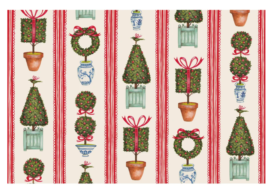 Patterned fabric with Christmas-themed designs including trees, wreaths, and ribbons on a striped background.