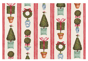 Patterned fabric with Christmas-themed designs including trees, wreaths, and ribbons on a striped background.