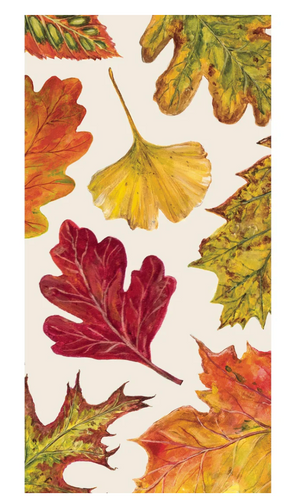 Decorative towel with autumn leaf pattern on a white background