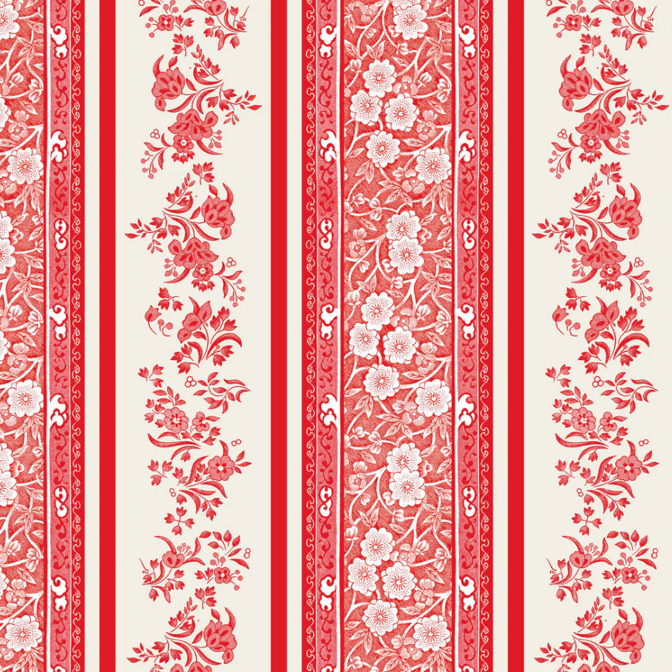 Red and white floral striped pattern on a white background