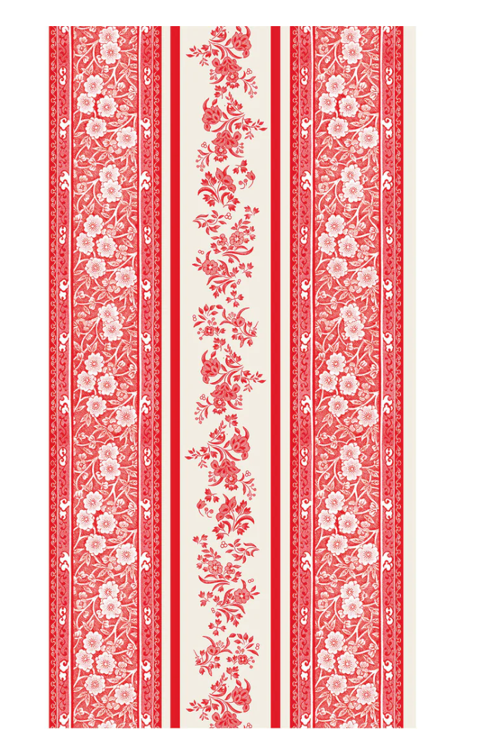 Red and white floral striped pattern on a white background