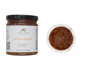 Jar of 'satsuma pepper' preserve with a close-up of the preserve on a white background