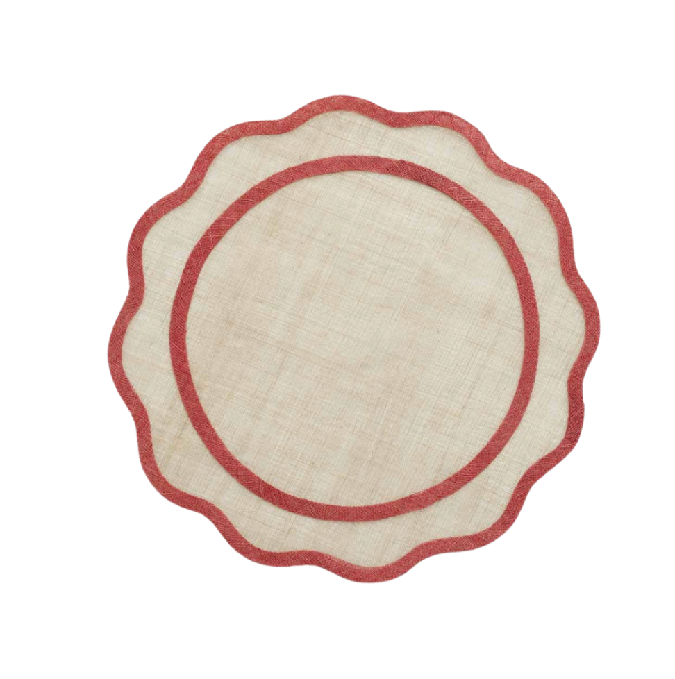 Round rug with red border on a white background