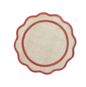 Round rug with red border on a white background