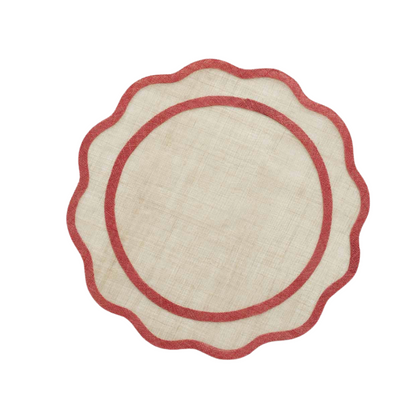 Round rug with red border on a white background