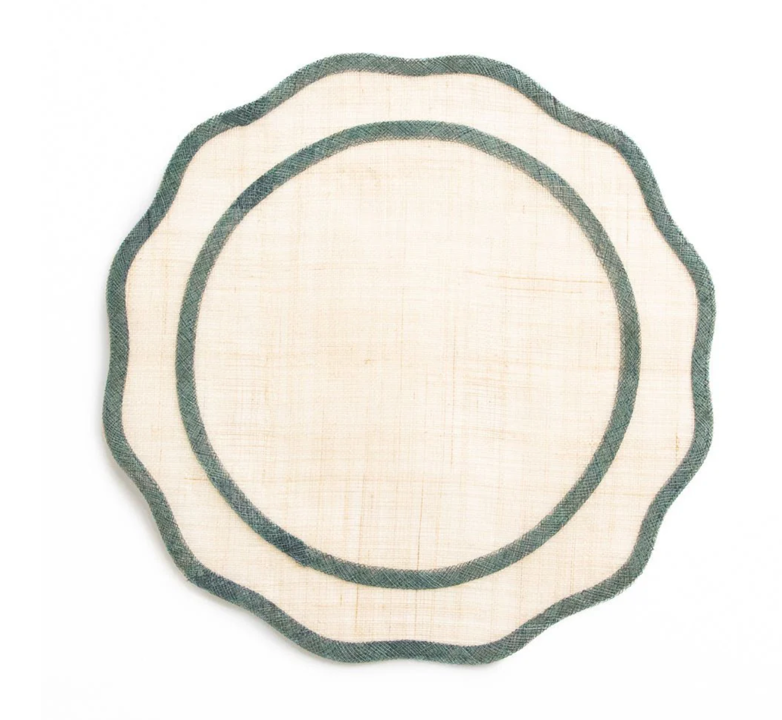 Round woven placemat with green border on a white background