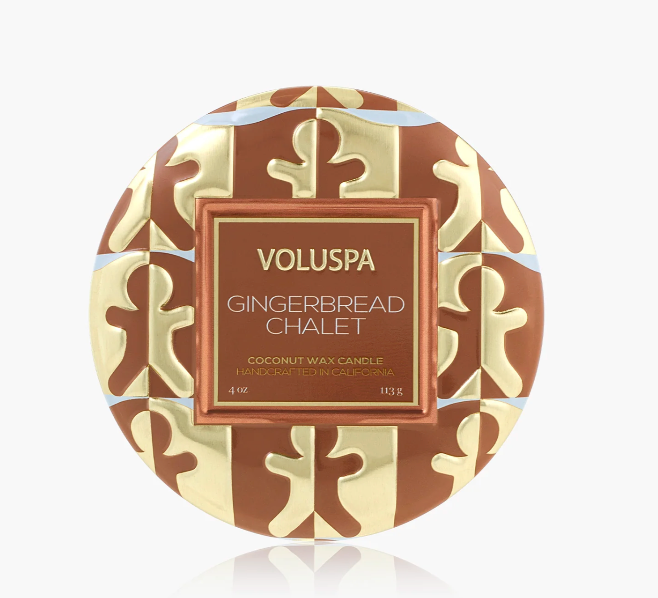 Voluspa Gingerbread Chalet candle packaging with decorative pattern on a white background