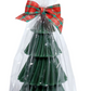 Green Christmas tree-shaped candle set with a plaid bow on a white background