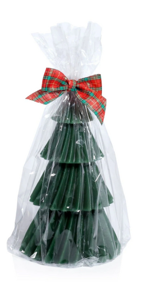 Green Christmas tree-shaped candle set with a plaid bow on a white background