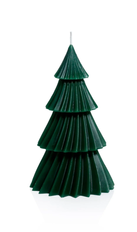 Green candle shaped like a Christmas tree on a white background