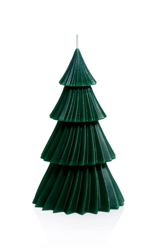 Green candle shaped like a Christmas tree on a white background