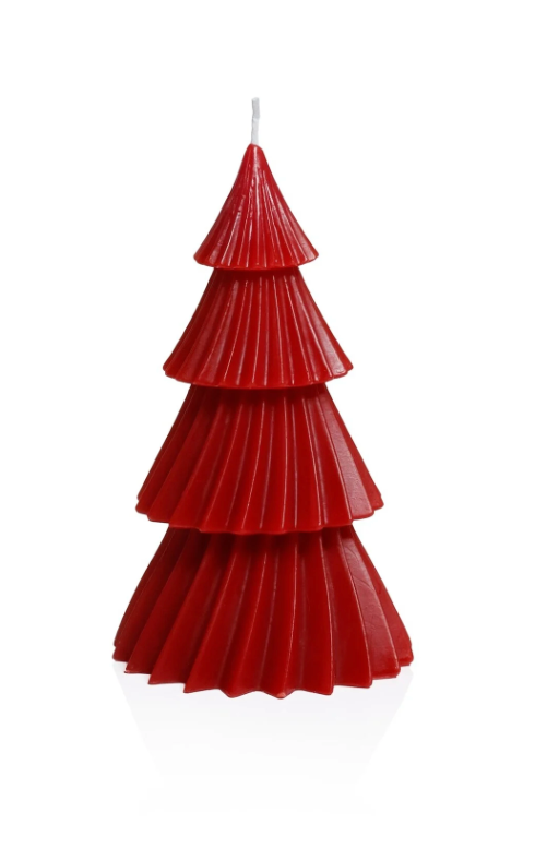 Red tiered candle shaped like a Christmas tree on a white background