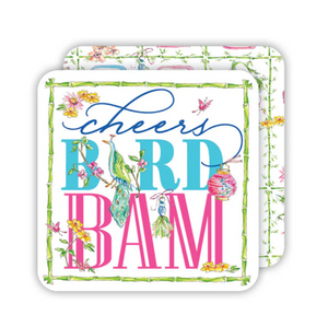 Coaster with 'cheers BORD BAM' text and floral design on a white background