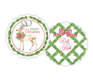 Two Christmas-themed decorative tags with reindeer and wreath designs on a white background.
