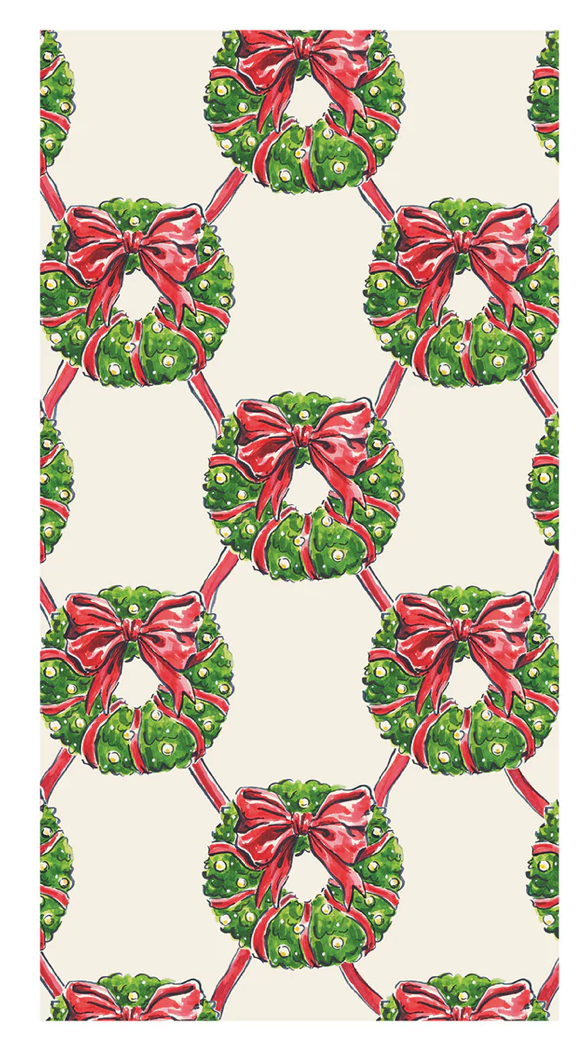 Pattern of green wreaths with red bows on a white background