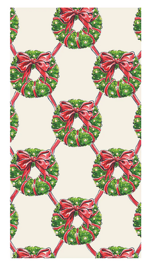 Pattern of green wreaths with red bows on a white background