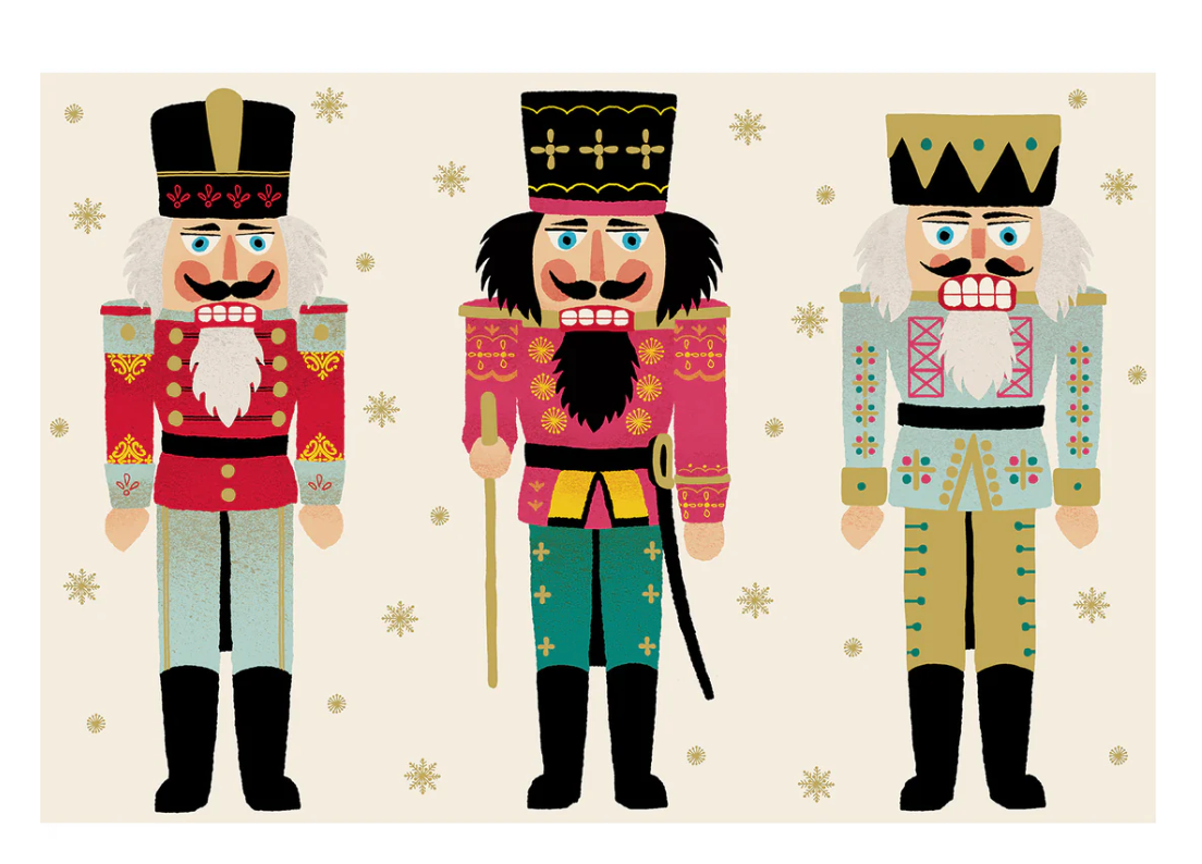 Three cartoon nutcrackers with decorative outfits on a light background