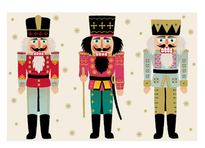 Three cartoon nutcrackers with decorative outfits on a light background