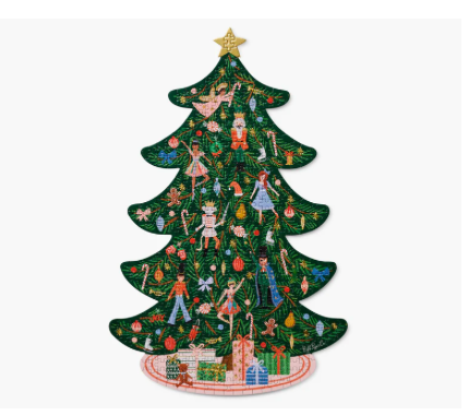 Decorative Christmas tree with cartoon characters and ornaments on a white background
