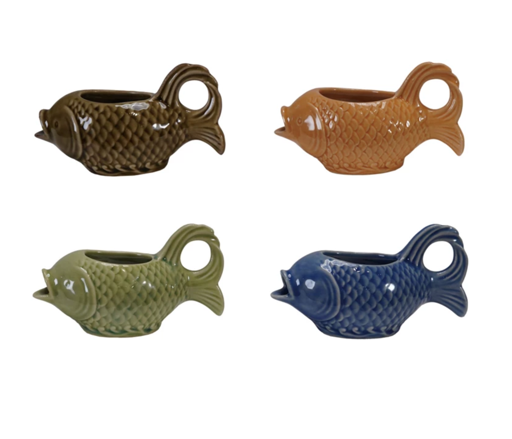 Four ceramic fish-shaped planters in different colors on a white background