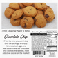 Chocolate chip cookies with a label and nutrition facts on a white background