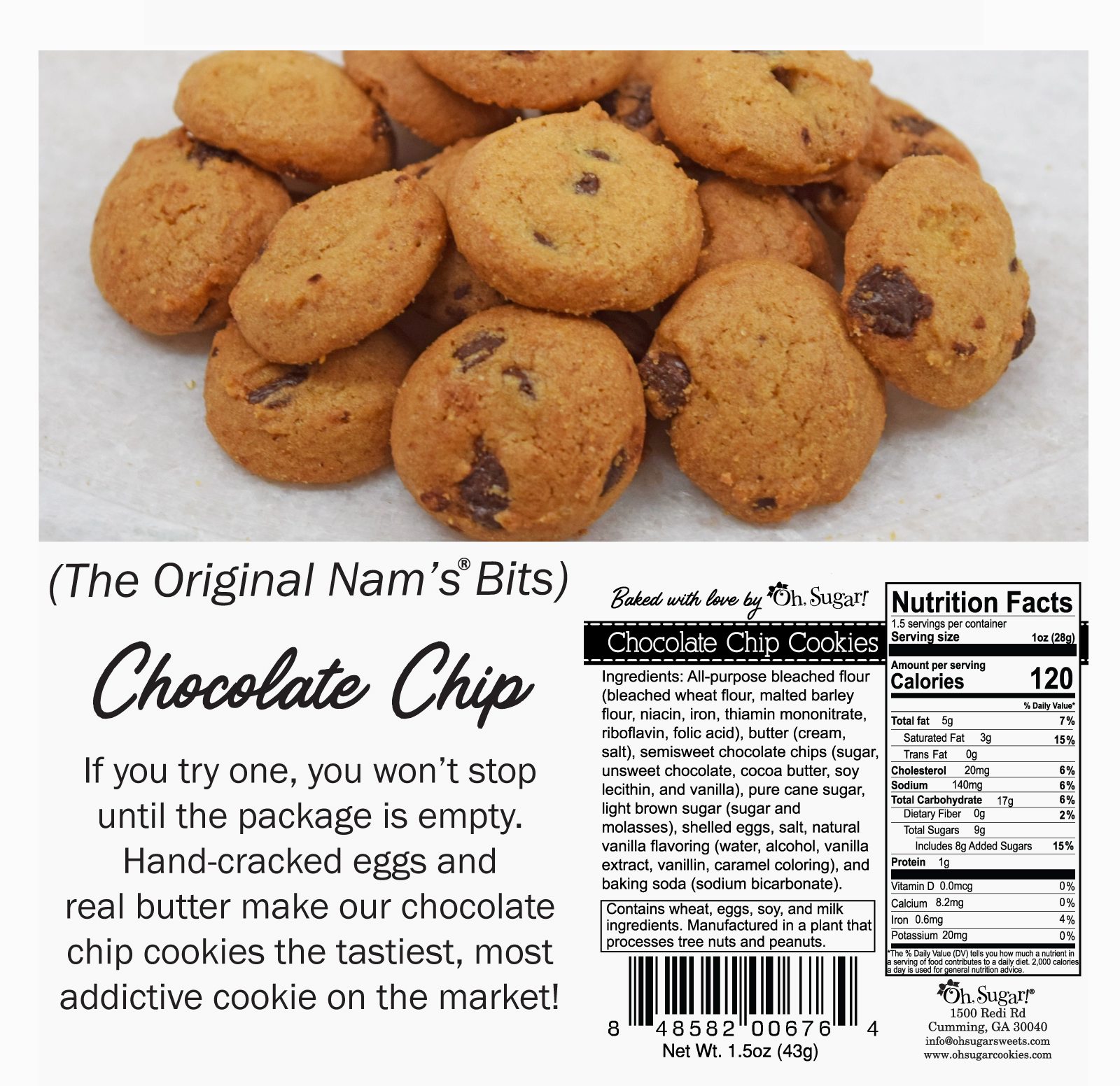 Chocolate chip cookies with a label and nutrition facts on a white background