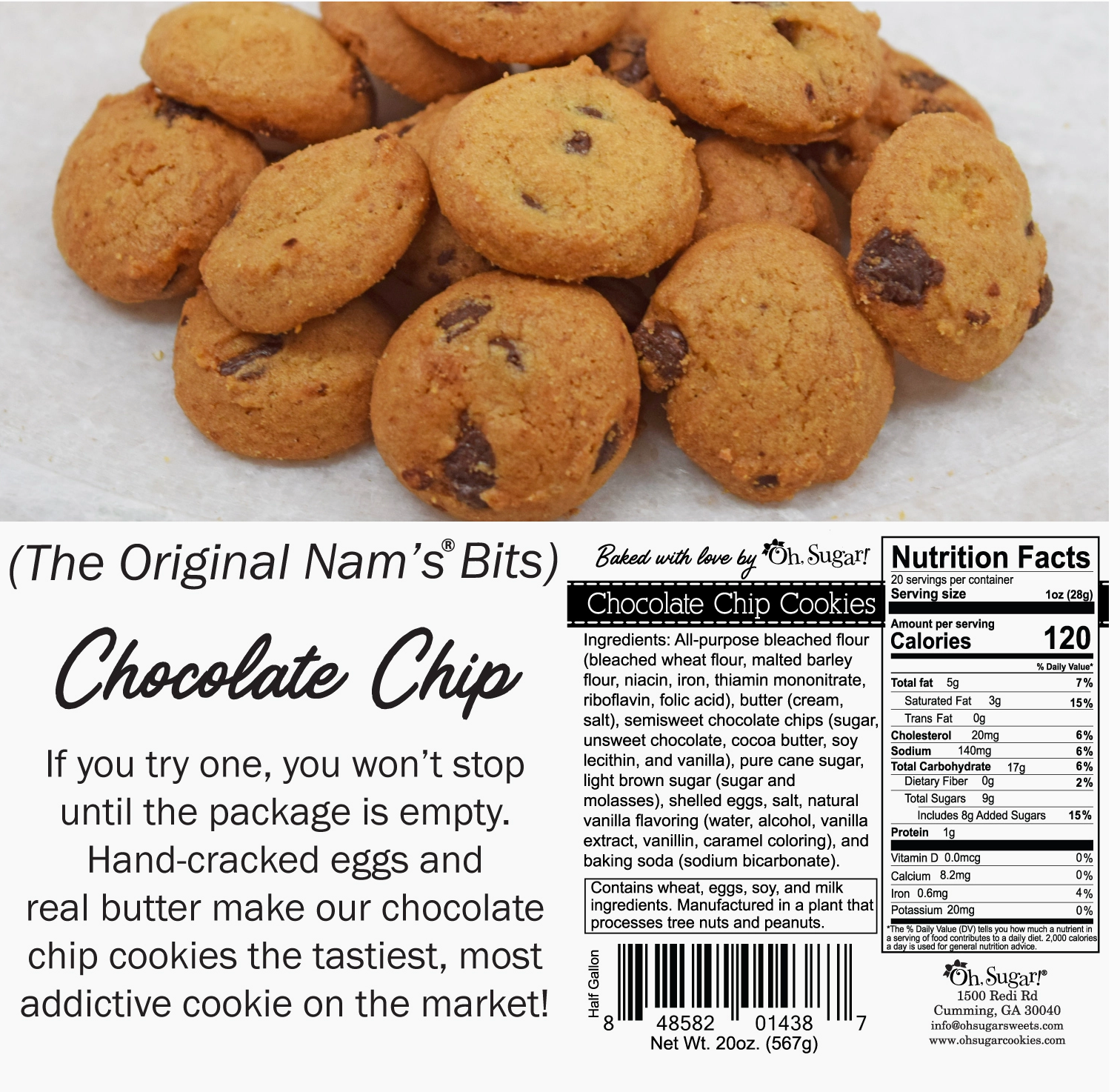 Chocolate chip cookies with a label and nutrition facts on a white background