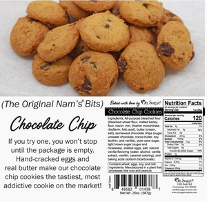 Chocolate chip cookies with a label and nutrition facts on a white background