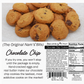 Chocolate chip cookies with a label and nutrition facts on a white background
