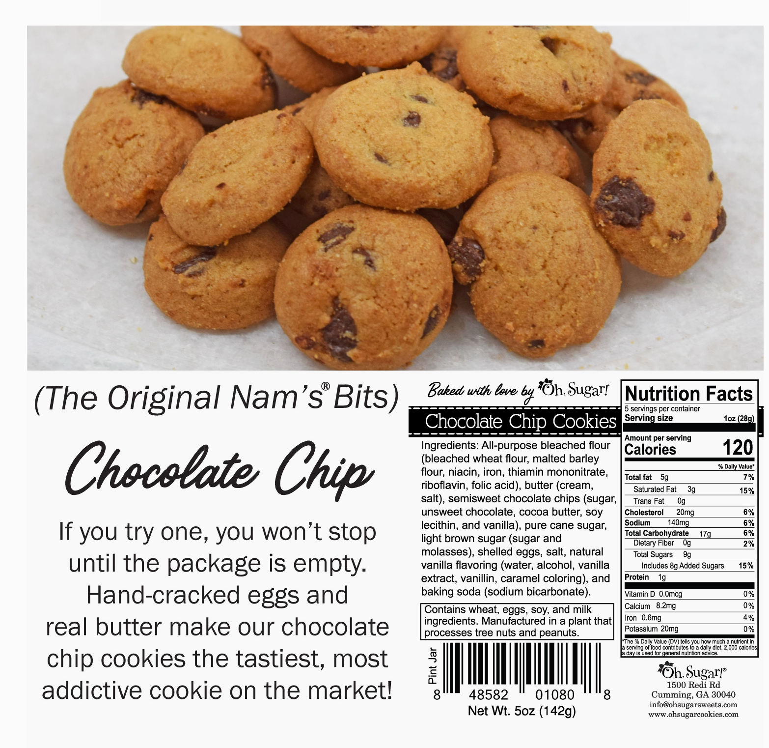 Chocolate chip cookies with a label and nutrition facts on a white background
